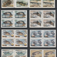 Uganda 1985 Fish set of 9 values only, each in unmounted mint blocks of 4 SG 457-60, 462-63 & 465-67