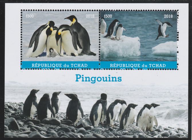 Chad 2018 Penguins perf sheetlet containing 2 values unmounted mint. Note this item is privately produced and is offered purely on its thematic appeal. .