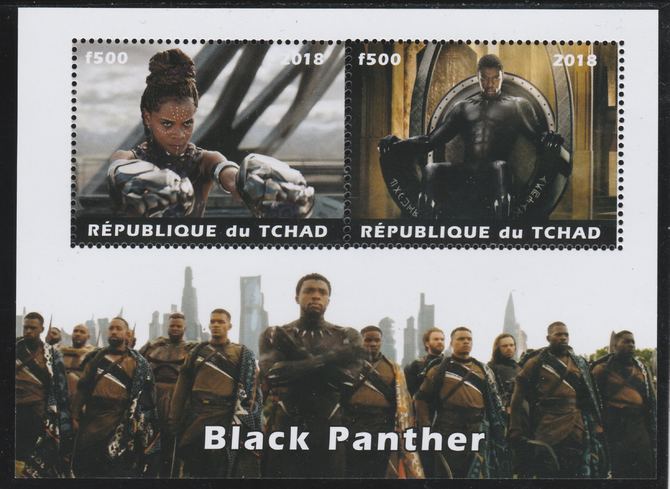 Chad 2018 Black Panther perf sheetlet containing 2 values unmounted mint. Note this item is privately produced and is offered purely on its thematic appeal. .