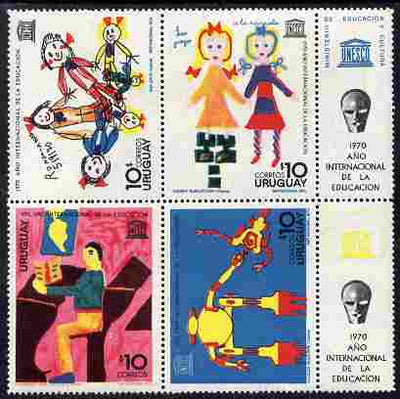 Uruguay 1970 International Education Year set of 4 in se-tenant block plus 2 labels unmounted mint, SG 1443a