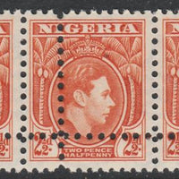 Nigeria 1938-512 KG6 2.5d orange horizontal strip of 3 with perforations doubled (as SG 52b) unmounted mint. Note: the stamps are genuine but the additional perfs are a slightly different gauge identifying it to be a forgery.