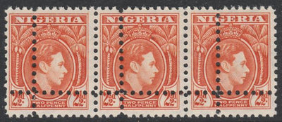 Nigeria 1938-512 KG6 2.5d orange horizontal strip of 3 with perforations doubled (as SG 52b) unmounted mint. Note: the stamps are genuine but the additional perfs are a slightly different gauge identifying it to be a forgery.