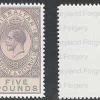 Gibraltar 1925-32 KG5 £5 violet & black 'Maryland' perf forgery 'unused', as SG 108 - the word Forgery is printed on the back and comes on a presentation card with descriptive notes.
