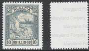 Malta 1919 Shipwreck of St John 10s black 'Maryland' perf forgery 'unused', as SG 96 - the word Forgery is printed on the back and comes on a presentation card with descriptive notes.