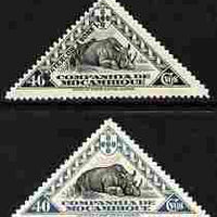 Mozambique Company 1937 White Rhino 40c (triangular) Printers sample in black & green opt'd 'Waterlow & Sons Specimen' with small security punch hole unmounted mint plus mint issued stamp in black & turquoise (SG 292)