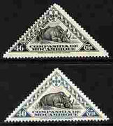 Mozambique Company 1937 White Rhino 40c (triangular) Printers sample in black & green opt'd 'Waterlow & Sons Specimen' with small security punch hole unmounted mint plus mint issued stamp in black & turquoise (SG 292)