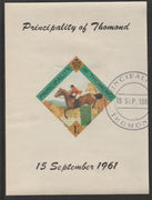 Thomond 1961 Show jumping 1.5d (Diamond-shaped) imperf m/sheet fine used with cds cancel for first day of issue
