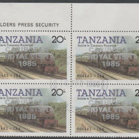 Tanzania 1985 Locomotives 20s perf block of 4 each with 'Caribbean Royal Visit 1985' opt in silver with central cds cancel for first day of issue