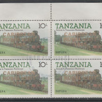 Tanzania 1985 Locomotives 10s perf block of 4 each with 'Caribbean Royal Visit 1985' opt in gold with central cds cancel for first day of issue
