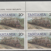 Tanzania 1985 Locomotives 20s perf block of 4 each with 'Caribbean Royal Visit 1985' opt in gold with central cds cancel for first day of issue