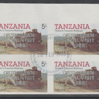 Tanzania 1985 Locomotives 5s imperf block of 4 each with 'Caribbean Royal Visit 1985' opt in silver with central cds cancel for first day of issue