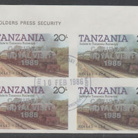 Tanzania 1985 Locomotives 20s imperf block of 4 each with 'Caribbean Royal Visit 1985' opt in silver with central cds cancel for first day of issue