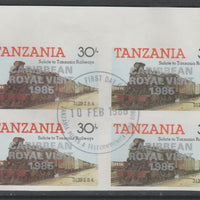 Tanzania 1985 Locomotives 30s imperf block of 4 each with 'Caribbean Royal Visit 1985' opt in silver with central cds cancel for first day of issue