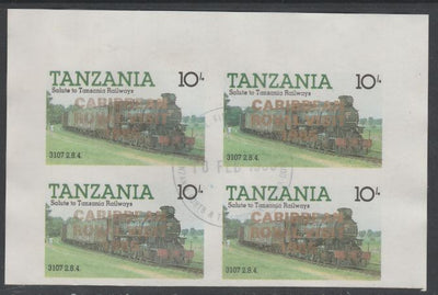 Tanzania 1985 Locomotives 10s imperf block of 4 each with 'Caribbean Royal Visit 1985' opt in gold with central cds cancel for first day of issue