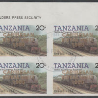Tanzania 1985 Locomotives 20s imperf block of 4 each with 'Caribbean Royal Visit 1985' opt in gold with central cds cancel for first day of issue
