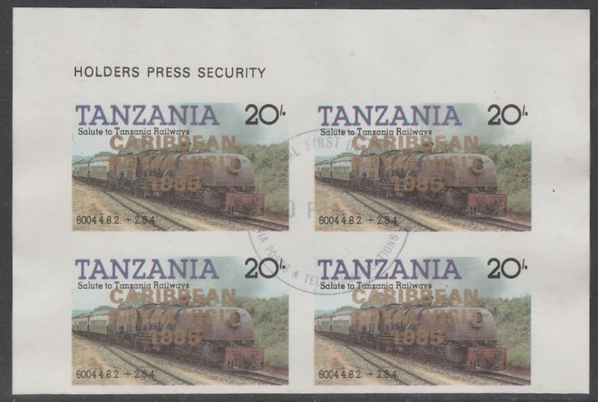 Tanzania 1985 Locomotives 20s imperf block of 4 each with 'Caribbean Royal Visit 1985' opt in gold with central cds cancel for first day of issue