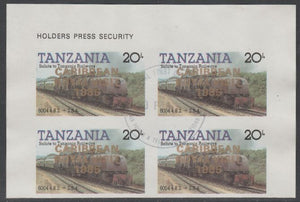 Tanzania 1985 Locomotives 20s imperf block of 4 each with 'Caribbean Royal Visit 1985' opt in gold with central cds cancel for first day of issue