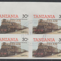 Tanzania 1985 Locomotives 30s imperf block of 4 each with 'Caribbean Royal Visit 1985' opt in gold with central cds cancel for first day of issue
