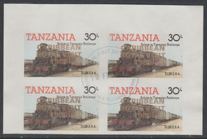 Tanzania 1985 Locomotives 30s imperf block of 4 each with 'Caribbean Royal Visit 1985' opt in gold with central cds cancel for first day of issue