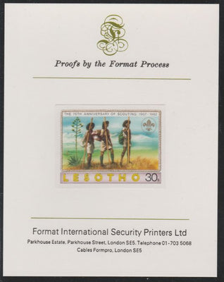 Lesotho 1982 75th Anniversary of Scouting- 30s Scouts Hiking,imperf mounted on Format International Proof Card, as SG475