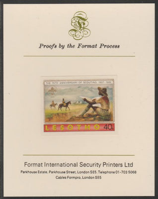 Lesotho 1982 75th Anniversary of Scouting- 40s Scout Sketching,imperf mounted on Format International Proof Card, as SG476