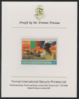 Lesotho 1982 75th Anniversary of Scouting- 50s Scout with Flag,imperf mounted on Format International Proof Card, as SG477
