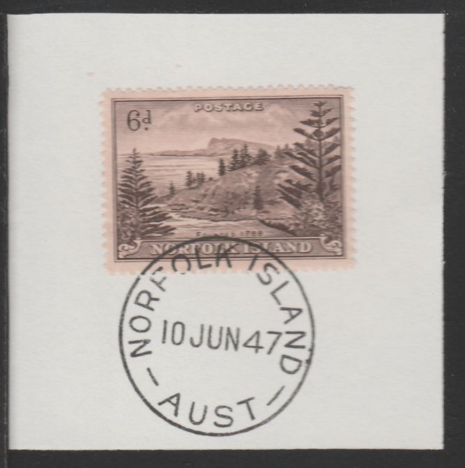 Norfolk Island 1947 Ball Bay 6d (SG 9) on piece with full strike of Madame Joseph forged postmark type 306