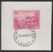 Norfolk Island 1947 Ball Bay 9d (SG 10) on piece with full strike of Madame Joseph forged postmark type 306
