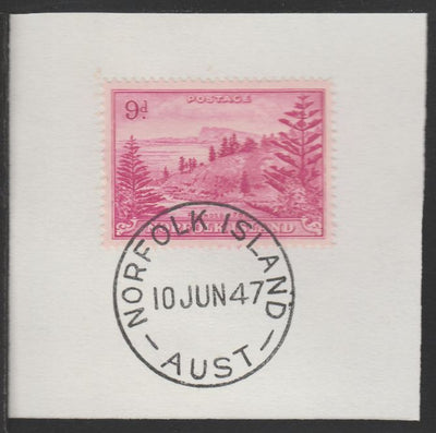 Norfolk Island 1947 Ball Bay 9d (SG 10) on piece with full strike of Madame Joseph forged postmark type 306