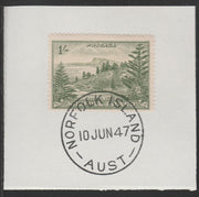 Norfolk Island 1947 Ball Bay 1s (SG 11) on piece with full strike of Madame Joseph forged postmark type 306