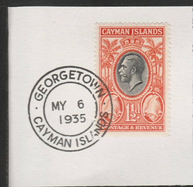 Cayman Islands 1935 KG5 Pictorial 1.5d Conch Shell (SG99) on piece with full strike of Madame Joseph forged postmark type 114