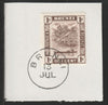 Brunei 1947 River Scene 1c chocolate (SG79) on piece with full strike of Madame Joseph forged postmark type 104