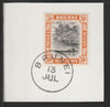 Brunei 1947 River Scene 30c black & orange (SG88) on piece with full strike of Madame Joseph forged postmark type 104