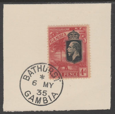 Gambia 1922-29 KG5 Elephant & Palms 4d (SG118) on piece with full strike of Madame Joseph forged postmark type 172,,,,