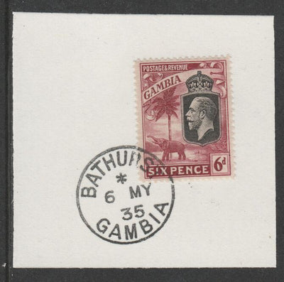 Gambia 1922-29 KG5 Elephant & Palms 6d (SG131) on piece with full strike of Madame Joseph forged postmark type 172
