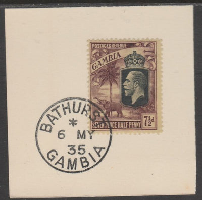 Gambia 1922-29 KG5 Elephant & Palms 7.5d on piece with full strike of Madame Joseph forged postmark type 172