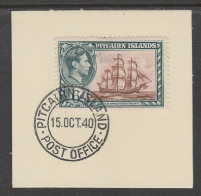 Pitcairn Islands 1940-51 KG6 Pictorial 6d (SG 6) on piece with full strike of Madame Joseph forged postmark type 323