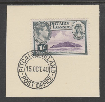 Pitcairn Islands 1940-51 KG6 Pictorial 1s (SG 7) on piece with full strike of Madame Joseph forged postmark type 323