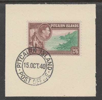 Pitcairn Islands 1940-51 KG6 Pictorial 2s6d (SG 8) on piece with full strike of Madame Joseph forged postmark type 323