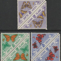 Herm Island 1954 - the three BUTTERFLY triangular stamps from Flora & Fauna set, each in tete-beche pairs unmounted mint (6 stamps)