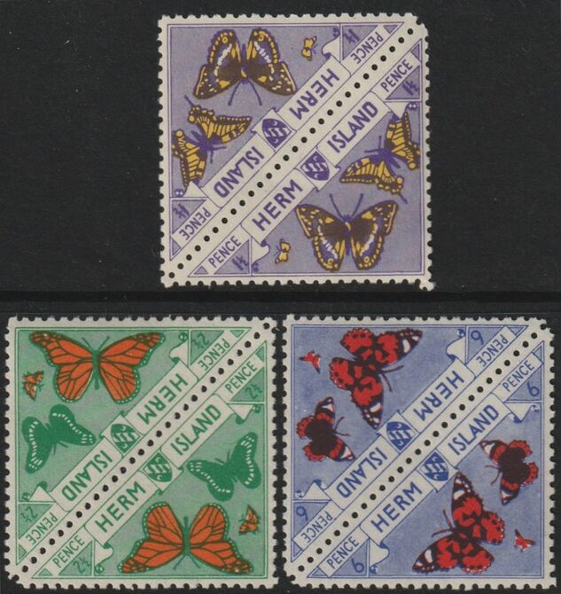 Herm Island 1954 - the three BUTTERFLY triangular stamps from Flora & Fauna set, each in tete-beche pairs unmounted mint (6 stamps)