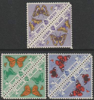 Herm Island 1954 - the three BUTTERFLY triangular stamps from Flora & Fauna set, each in tete-beche pairs unmounted mint (6 stamps)