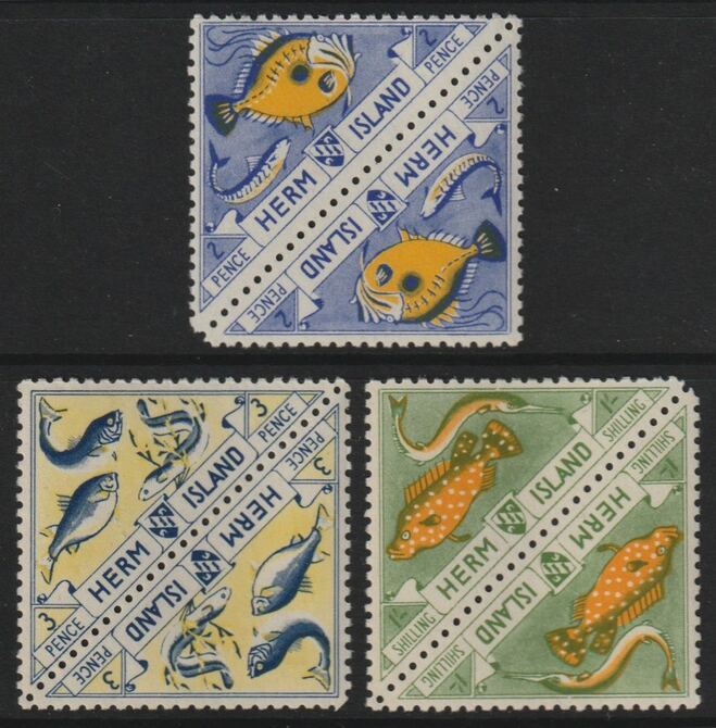 Herm Island 1954 - the three FISH triangular stamps from Flora & Fauna set, each in tete-beche pairs unmounted mint (6 stamps)