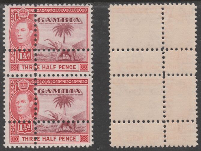 Gambia 1938 KG6 Elephant & Palm 1.5d vertical pair with perforations doubled, unmounted mint. Note: the stamps are genuine but the additional perfs are a slightly different gauge identifying it to be a forgery.