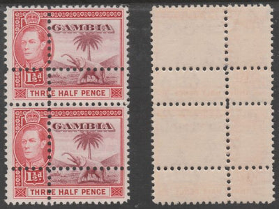 Gambia 1938 KG6 Elephant & Palm 1.5d vertical pair with perforations doubled, unmounted mint. Note: the stamps are genuine but the additional perfs are a slightly different gauge identifying it to be a forgery.