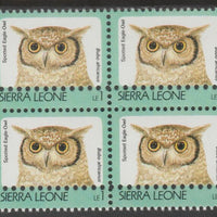 Sierra Leone 1992-99 Birds 1L Spotted Eagle Owl block of 4 with perforations doubled, unmounted mint. Note: the stamps are genuine but the additional perfs are a slightly different gauge identifying it to be a forgery.