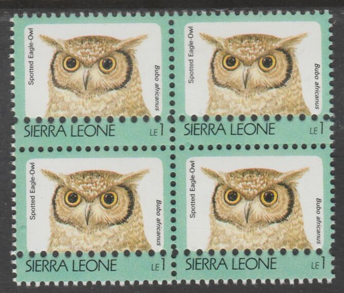 Sierra Leone 1992-99 Birds 1L Spotted Eagle Owl block of 4 with perforations doubled, unmounted mint. Note: the stamps are genuine but the additional perfs are a slightly different gauge identifying it to be a forgery.