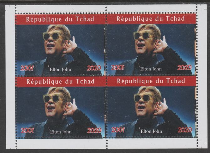 Chad 2020 Elton John perf sheetlet containing 4 values unmounted mint. Note this item is privately produced and is offered purely on its thematic appeal, it has no postal validity
