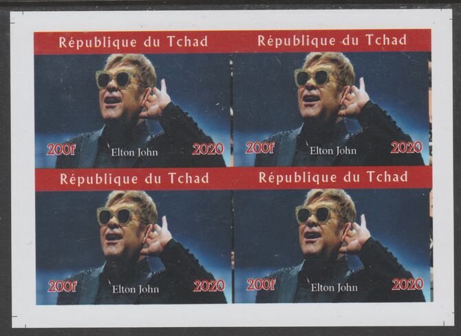 Chad 2020 Elton John imperf sheetlet containing 4 values unmounted mint. Note this item is privately produced and is offered purely on its thematic appeal, it has no postal validity