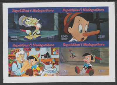 Madagascar 2020 Pinocchio imperf sheetlet containing 4 values unmounted mint. Note this item is privately produced and is offered purely on its thematic appeal, it has no postal validity